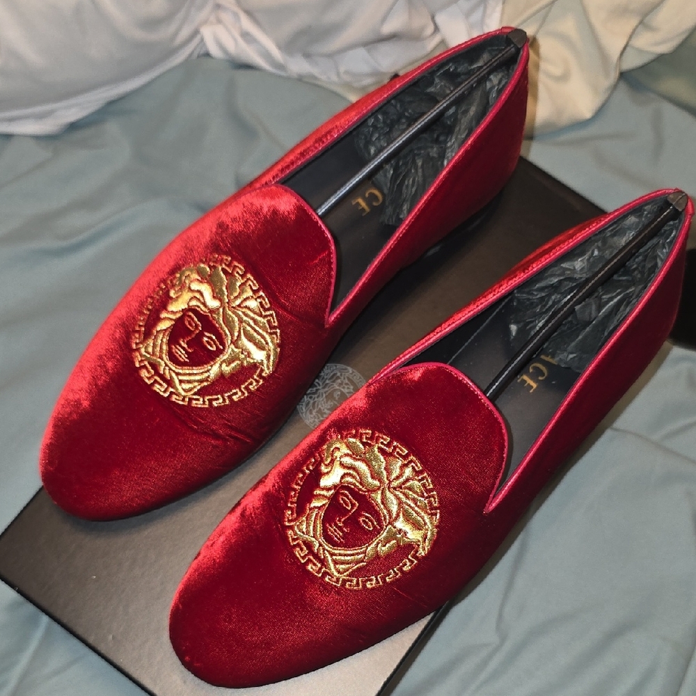 Versace Luxurious Red Velvet Loafers with Gold Medusa